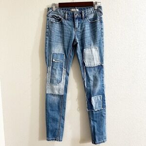 Free People Patchwork Distressed Skinny Jeans Blue Size 26 Womens Low Rise Boho